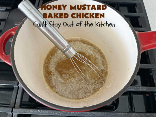 Honey Mustard Baked Chicken | Can't Stay Out of the Kitchen | this easy #6Ingredient No-Fuss #chicken #entree is perfect for weeknight dinners when you're scrambling for time! The flavors of #honey, #mustard & #CurryPowder make this #recipe sizzle! Excellent way to use #ChickenThighs. #GlutenFree #HoneyMustardBakedChicken
