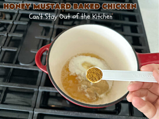 Honey Mustard Baked Chicken | Can't Stay Out of the Kitchen | this easy #6Ingredient No-Fuss #chicken #entree is perfect for weeknight dinners when you're scrambling for time! The flavors of #honey, #mustard & #CurryPowder make this #recipe sizzle! Excellent way to use #ChickenThighs. #GlutenFree #HoneyMustardBakedChicken
