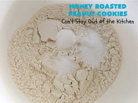 Honey Roasted Peanut Cookies | Can't Stay Out of the Kitchen | these fantastic #PeanutButterCookies are chocked full of #HoneyRoastedPeanuts. They're chunky, rich, and absolutely heavenly. Every bite will rock your world! Highly recommended for #tailgating parties, potlucks & #ChristmasCookieExchanges #peanuts #cookies #dessert #PeanutButterDessert #holiday #HolidayBaking #HoneyRoastedPeanutCookies