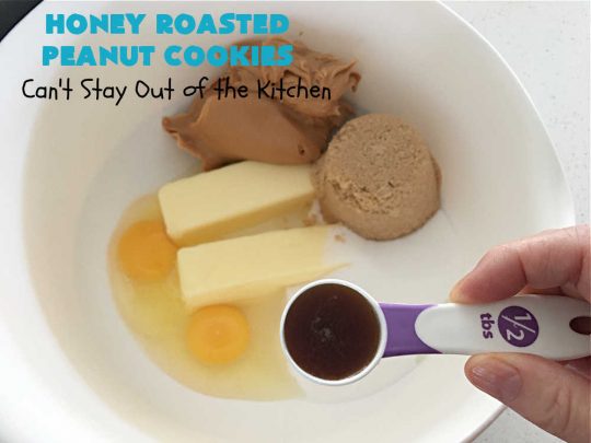 Honey Roasted Peanut Cookies | Can't Stay Out of the Kitchen | these fantastic #PeanutButterCookies are chocked full of #HoneyRoastedPeanuts. They're chunky, rich, and absolutely heavenly. Every bite will rock your world! Highly recommended for #tailgating parties, potlucks & #ChristmasCookieExchanges #peanuts #cookies #dessert #PeanutButterDessert #holiday #HolidayBaking #HoneyRoastedPeanutCookies