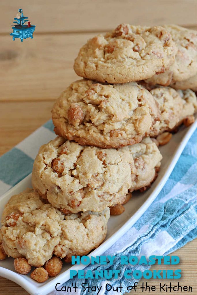 Honey Roasted Peanut Cookies | Can't Stay Out of the Kitchen | these fantastic #PeanutButterCookies are chocked full of #HoneyRoastedPeanuts. They're chunky, rich, and absolutely heavenly. Every bite will rock your world! Highly recommended for #tailgating parties, potlucks & #ChristmasCookieExchanges #peanuts #cookies #dessert #PeanutButterDessert #holiday #HolidayBaking #HoneyRoastedPeanutCookies
