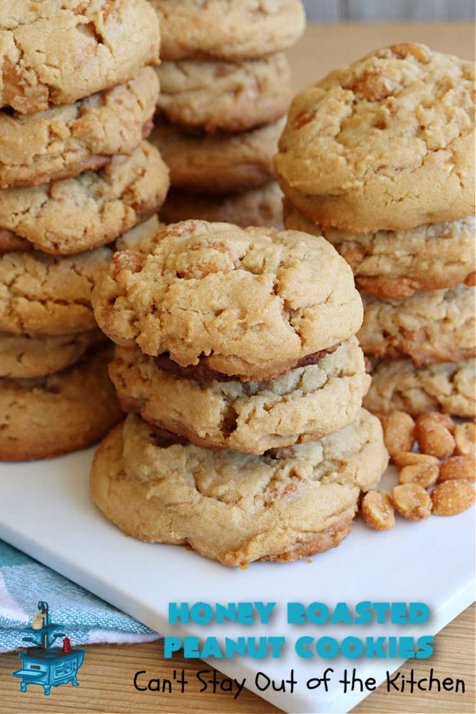 Honey Roasted Peanut Cookies | Can't Stay Out of the Kitchen | these fantastic #PeanutButterCookies are chocked full of #HoneyRoastedPeanuts. They're chunky, rich, and absolutely heavenly. Every bite will rock your world! Highly recommended for #tailgating parties, potlucks & #ChristmasCookieExchanges #peanuts #cookies #dessert #PeanutButterDessert #holiday #HolidayBaking #HoneyRoastedPeanutCookies