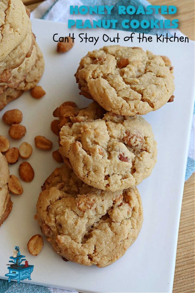 Honey Roasted Peanut Cookies | Can't Stay Out of the Kitchen | these fantastic #PeanutButterCookies are chocked full of #HoneyRoastedPeanuts. They're chunky, rich, and absolutely heavenly. Every bite will rock your world! Highly recommended for #tailgating parties, potlucks & #ChristmasCookieExchanges #peanuts #cookies #dessert #PeanutButterDessert #holiday #HolidayBaking #HoneyRoastedPeanutCookies