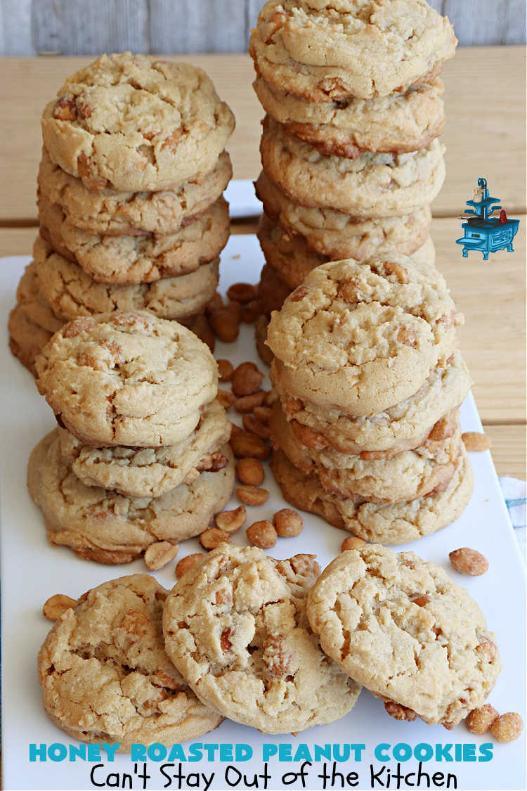 Honey Roasted Peanut Cookies | Can't Stay Out of the Kitchen | these fantastic #PeanutButterCookies are chocked full of #HoneyRoastedPeanuts. They're chunky, rich, and absolutely heavenly. Every bite will rock your world! Highly recommended for #tailgating parties, potlucks & #ChristmasCookieExchanges #peanuts #cookies #dessert #PeanutButterDessert #holiday #HolidayBaking #HoneyRoastedPeanutCookies