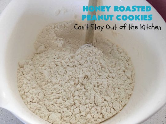 Honey Roasted Peanut Cookies | Can't Stay Out of the Kitchen | these fantastic #PeanutButterCookies are chocked full of #HoneyRoastedPeanuts. They're chunky, rich, and absolutely heavenly. Every bite will rock your world! Highly recommended for #tailgating parties, potlucks & #ChristmasCookieExchanges #peanuts #cookies #dessert #PeanutButterDessert #holiday #HolidayBaking #HoneyRoastedPeanutCookies