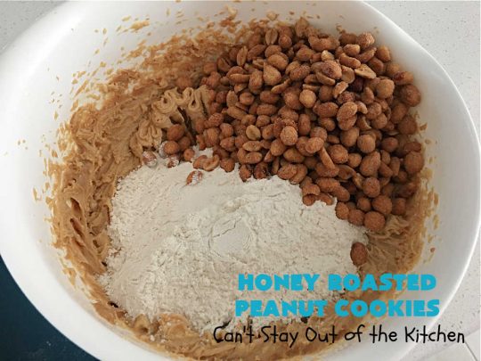 Honey Roasted Peanut Cookies | Can't Stay Out of the Kitchen | these fantastic #PeanutButterCookies are chocked full of #HoneyRoastedPeanuts. They're chunky, rich, and absolutely heavenly. Every bite will rock your world! Highly recommended for #tailgating parties, potlucks & #ChristmasCookieExchanges #peanuts #cookies #dessert #PeanutButterDessert #holiday #HolidayBaking #HoneyRoastedPeanutCookies