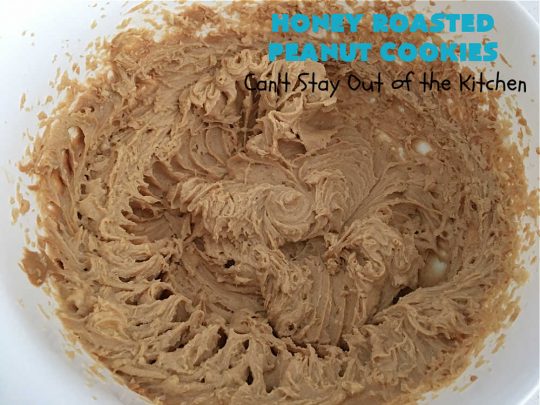 Honey Roasted Peanut Cookies | Can't Stay Out of the Kitchen | these fantastic #PeanutButterCookies are chocked full of #HoneyRoastedPeanuts. They're chunky, rich, and absolutely heavenly. Every bite will rock your world! Highly recommended for #tailgating parties, potlucks & #ChristmasCookieExchanges #peanuts #cookies #dessert #PeanutButterDessert #holiday #HolidayBaking #HoneyRoastedPeanutCookies