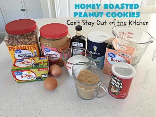 Honey Roasted Peanut Cookies | Can't Stay Out of the Kitchen | these fantastic #PeanutButterCookies are chocked full of #HoneyRoastedPeanuts. They're chunky, rich, and absolutely heavenly. Every bite will rock your world! Highly recommended for #tailgating parties, potlucks & #ChristmasCookieExchanges #peanuts #cookies #dessert #PeanutButterDessert #holiday #HolidayBaking #HoneyRoastedPeanutCookies
