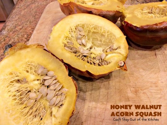 Honey Walnut Acorn Squash | Can't Stay Out of the Kitchen | this super easy 5-ingredient #sidedish is a fabulous way to use #AcornSquash. We especially love this for #Thanksgiving and #Christmas dinners. #holiday #casserole #holidaysidedish #glutenfree #walnuts #glutenfreesidedish