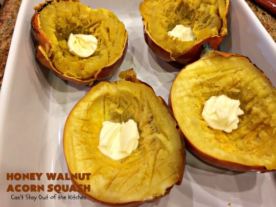 Honey Walnut Acorn Squash | Can't Stay Out of the Kitchen | this super easy 5-ingredient #sidedish is a fabulous way to use #AcornSquash. We especially love this for #Thanksgiving and #Christmas dinners. #holiday #casserole #holidaysidedish #glutenfree #walnuts #glutenfreesidedish