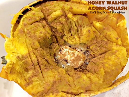 Honey Walnut Acorn Squash | Can't Stay Out of the Kitchen | this super easy 5-ingredient #sidedish is a fabulous way to use #AcornSquash. We especially love this for #Thanksgiving and #Christmas dinners. #holiday #casserole #holidaysidedish #glutenfree #walnuts #glutenfreesidedish