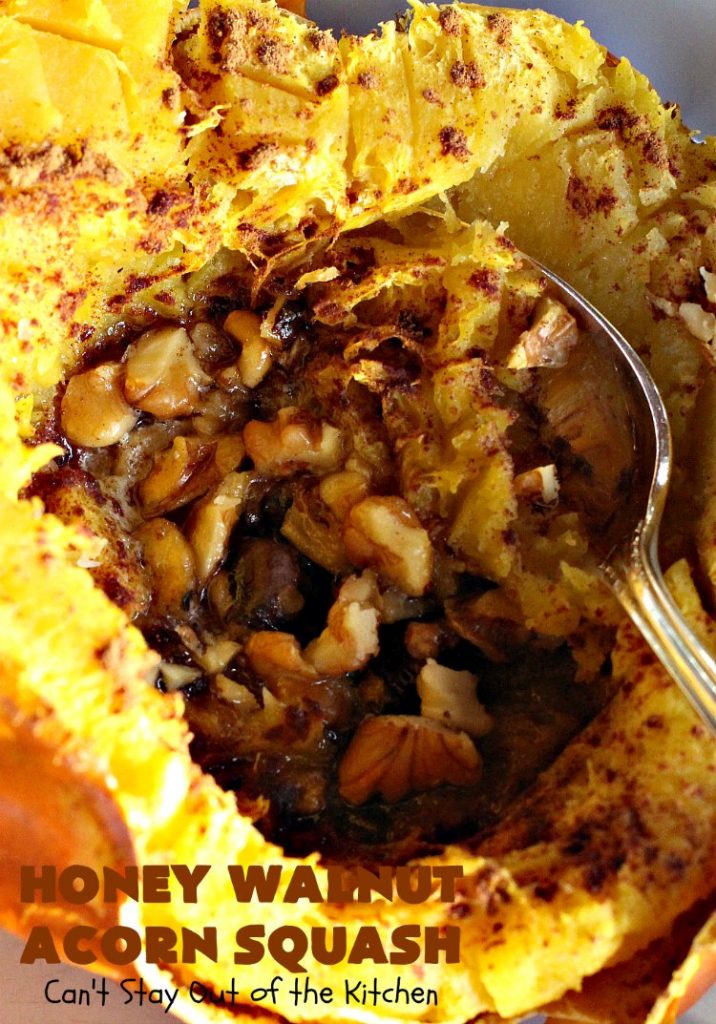 Honey Walnut Acorn Squash | Can't Stay Out of the Kitchen | this super easy 5-ingredient #sidedish is a fabulous way to use #AcornSquash. We especially love this for #Thanksgiving and #Christmas dinners. #holiday #casserole #holidaysidedish #glutenfree #walnuts #glutenfreesidedish