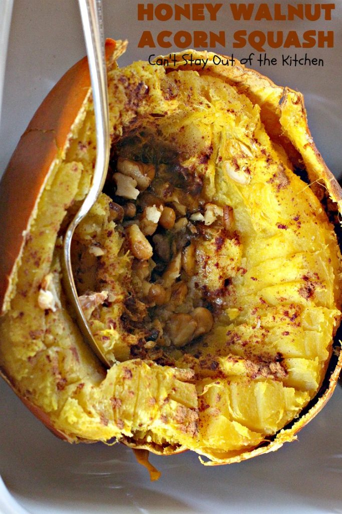 Honey Walnut Acorn Squash | Can't Stay Out of the Kitchen | this super easy 5-ingredient #sidedish is a fabulous way to use #AcornSquash. We especially love this for #Thanksgiving and #Christmas dinners. #holiday #casserole #holidaysidedish #glutenfree #walnuts #glutenfreesidedish