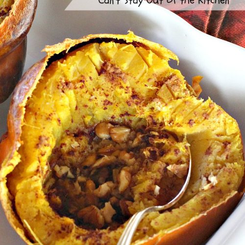 Honey Walnut Acorn Squash | Can't Stay Out of the Kitchen | this super easy 5-ingredient #sidedish is a fabulous way to use #AcornSquash. We especially love this for #Thanksgiving and #Christmas dinners. #holiday #casserole #holidaysidedish #glutenfree #walnuts #glutenfreesidedish