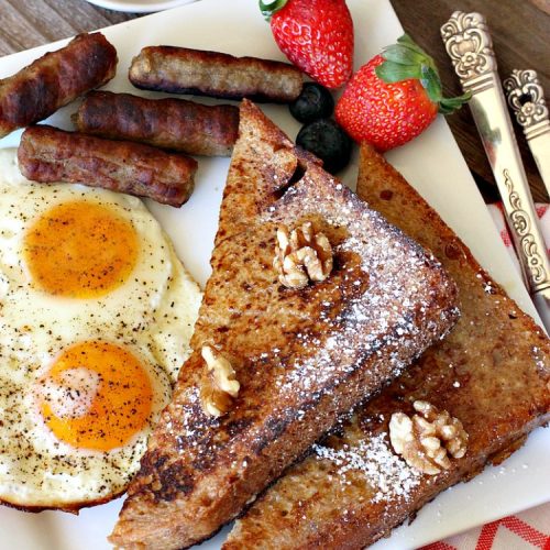 Honey Walnut French Toast | Can't Stay Out of the Kitchen | this fantastic #FrenchToast #recipe is great for a #holiday or company #breakfast. It includes honey & #walnuts and it's drizzled with #MapleSyrup. #HoneyWalnutFrenchToast #HolidayBreakfast