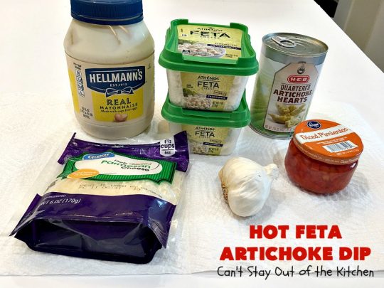 Hot Feta Artichoke Dip | Can't Stay Out of the Kitchen | This fantastic #appetizer is so easy to make & uses only 6 ingredients. It's perfect for #holiday or #tailgating parties. #FetaCheese #artichokes #ParmesanCheese #GlutenFree #GlutenFreeAppetizer #HolidayAppetizer #HotFetaArtichokeDip
