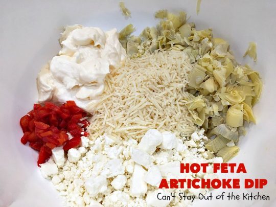 Hot Feta Artichoke Dip | Can't Stay Out of the Kitchen | This fantastic #appetizer is so easy to make & uses only 6 ingredients. It's perfect for #holiday or #tailgating parties. #FetaCheese #artichokes #ParmesanCheese #GlutenFree #GlutenFreeAppetizer #HolidayAppetizer #HotFetaArtichokeDip