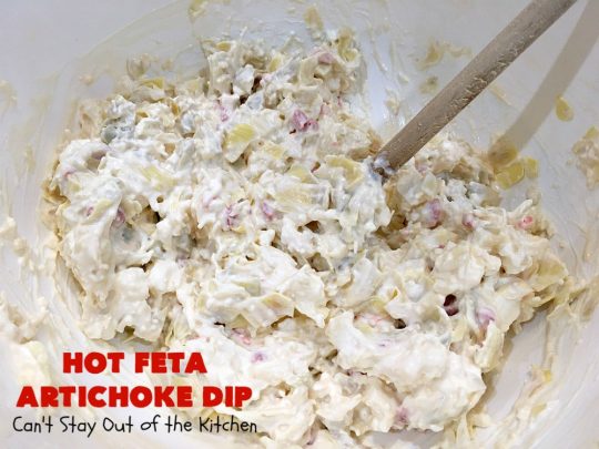 Hot Feta Artichoke Dip | Can't Stay Out of the Kitchen | This fantastic #appetizer is so easy to make & uses only 6 ingredients. It's perfect for #holiday or #tailgating parties. #FetaCheese #artichokes #ParmesanCheese #GlutenFree #GlutenFreeAppetizer #HolidayAppetizer #HotFetaArtichokeDip