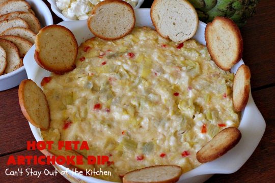 Hot Feta Artichoke Dip | Can't Stay Out of the Kitchen | This fantastic #appetizer is so easy to make & uses only 6 ingredients. It's perfect for #holiday or #tailgating parties. #FetaCheese #artichokes #ParmesanCheese #GlutenFree #GlutenFreeAppetizer #HolidayAppetizer #HotFetaArtichokeDip
