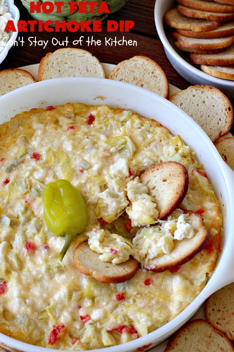 Hot Feta Artichoke Dip | Can't Stay Out of the Kitchen | This fantastic #appetizer is so easy to make & uses only 6 ingredients. It's perfect for #holiday or #tailgating parties. #FetaCheese #artichokes #ParmesanCheese #GlutenFree #GlutenFreeAppetizer #HolidayAppetizer #HotFetaArtichokeDip