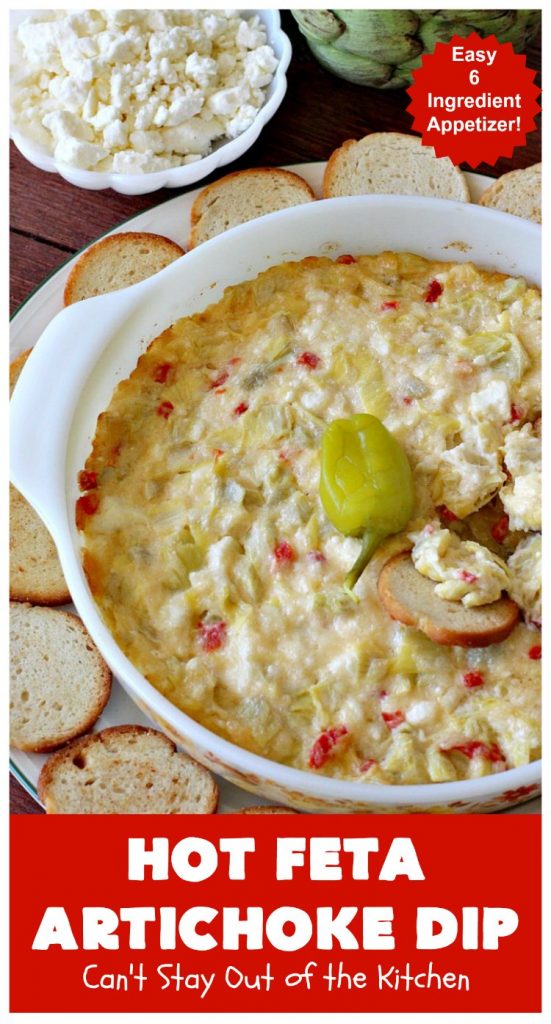 Hot Feta Artichoke Dip | Can't Stay Out of the Kitchen | This fantastic #appetizer is so easy to make & uses only 6 ingredients. It's perfect for #holiday or #tailgating parties. #FetaCheese #artichokes #ParmesanCheese #GlutenFree #GlutenFreeAppetizer #HolidayAppetizer #HotFetaArtichokeDip
