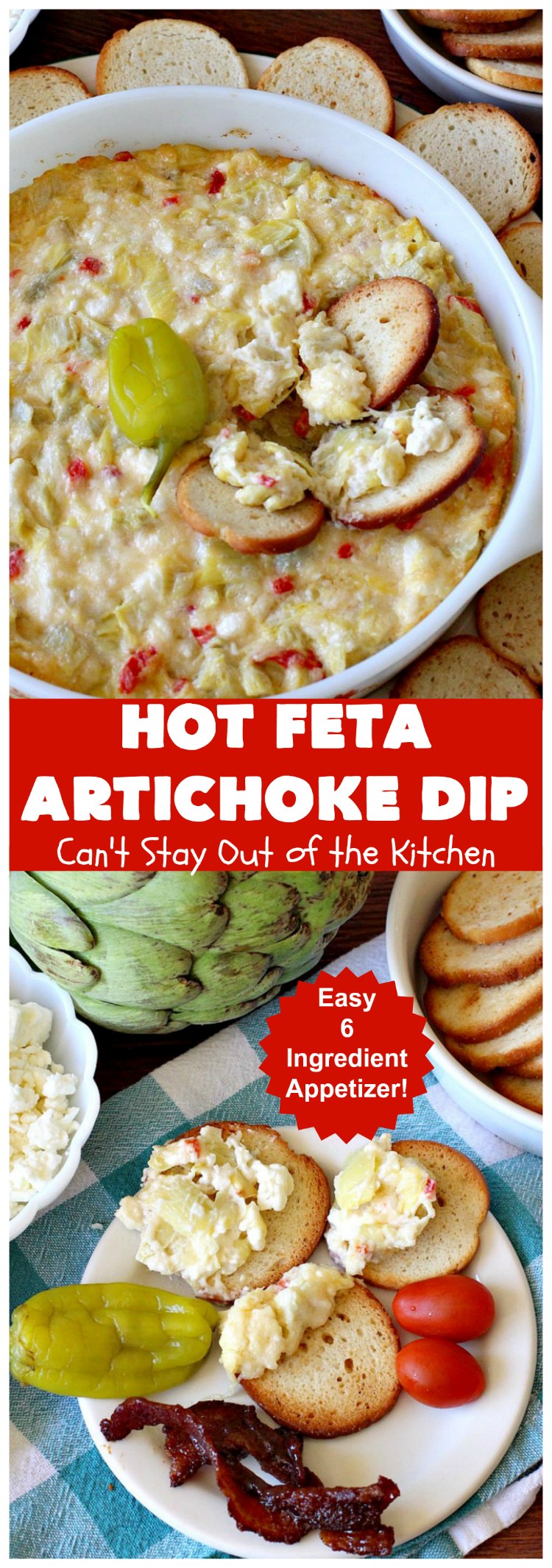 Hot Feta Artichoke Dip | Can't Stay Out of the Kitchen | This fantastic #appetizer is so easy to make & uses only 6 ingredients. It's perfect for #holiday or #tailgating parties. #FetaCheese #artichokes #ParmesanCheese #GlutenFree #GlutenFreeAppetizer #HolidayAppetizer #HotFetaArtichokeDip