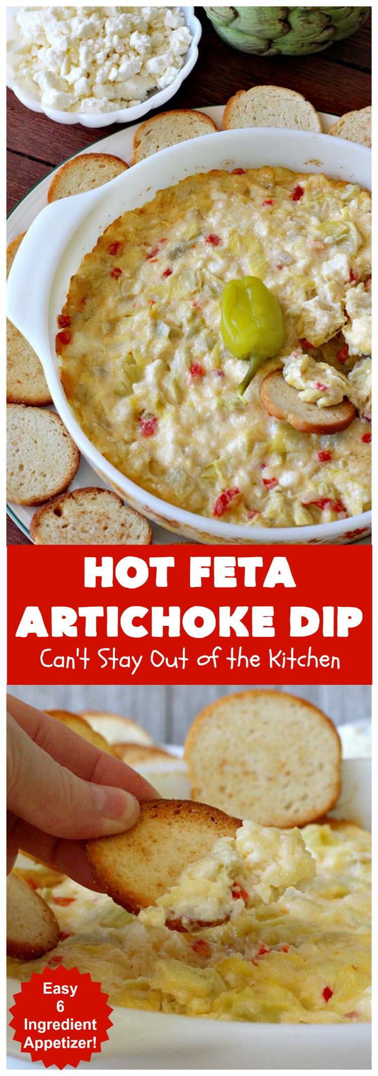 Hot Feta Artichoke Dip | Can't Stay Out of the Kitchen | This fantastic #appetizer is so easy to make & uses only 6 ingredients. It's perfect for #holiday or #tailgating parties. #FetaCheese #artichokes #ParmesanCheese #GlutenFree #GlutenFreeAppetizer #HolidayAppetizer #HotFetaArtichokeDip
