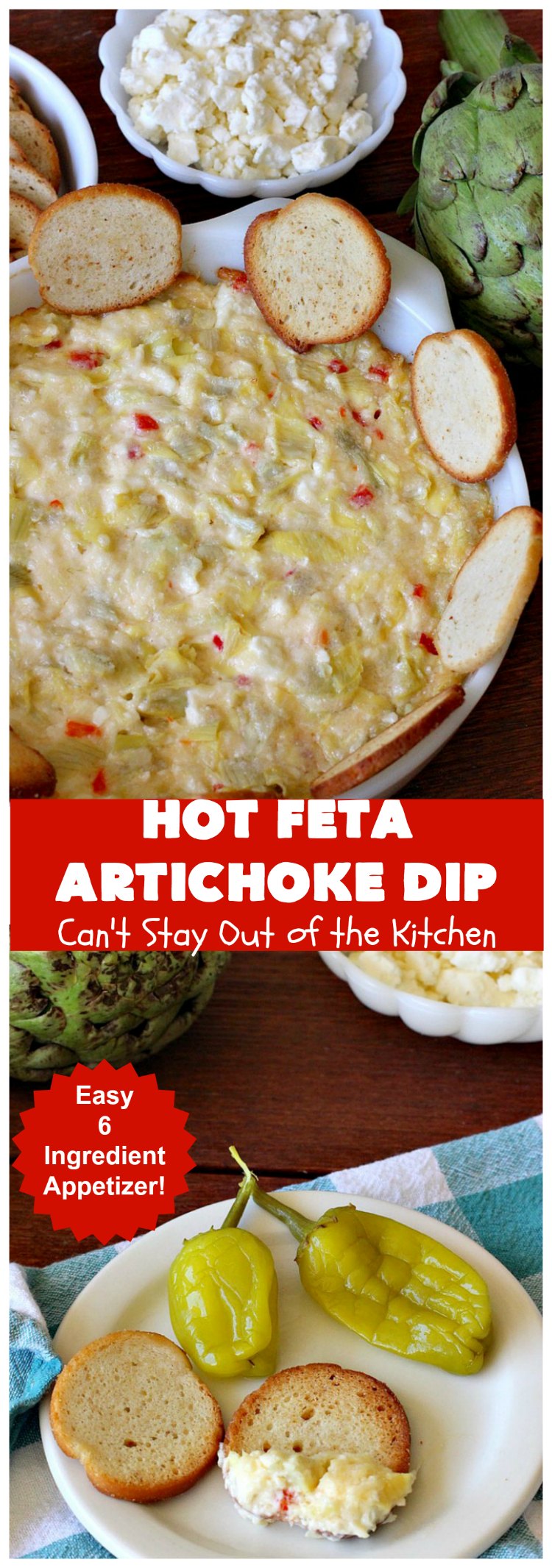 Hot Feta Artichoke Dip | Can't Stay Out of the Kitchen | This fantastic #appetizer is so easy to make & uses only 6 ingredients. It's perfect for #holiday or #tailgating parties. #FetaCheese #artichokes #ParmesanCheese #GlutenFree #GlutenFreeAppetizer #HolidayAppetizer #HotFetaArtichokeDip