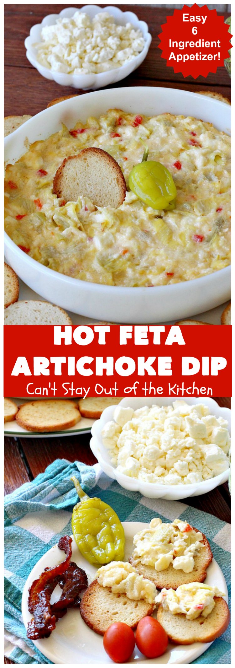 Hot Feta Artichoke Dip | Can't Stay Out of the Kitchen | This fantastic #appetizer is so easy to make & uses only 6 ingredients. It's perfect for #holiday or #tailgating parties. #FetaCheese #artichokes #ParmesanCheese #GlutenFree #GlutenFreeAppetizer #HolidayAppetizer #HotFetaArtichokeDip