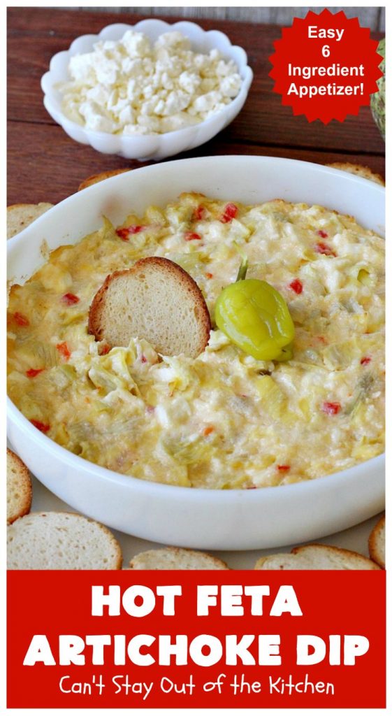 Hot Feta Artichoke Dip | Can't Stay Out of the Kitchen | This fantastic #appetizer is so easy to make & uses only 6 ingredients. It's perfect for #holiday or #tailgating parties. #FetaCheese #artichokes #ParmesanCheese #GlutenFree #GlutenFreeAppetizer #HolidayAppetizer #HotFetaArtichokeDip