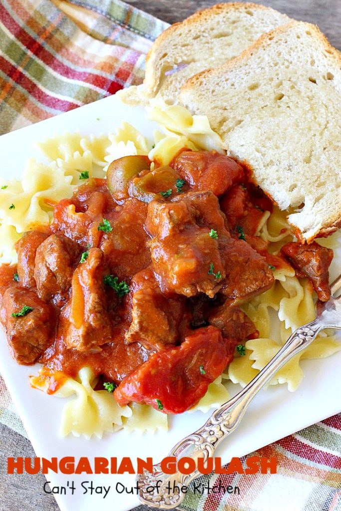 Hungarian Goulash | Can't Stay Out of the Kitchen | This old world favorite is a delicious #beefstew flavored with paprika & made with #tomatoes, bell peppers, onions & garlic. It's terrific served over #noodles or #pasta. #beef #stew #Hungarian #HungarianGoulash