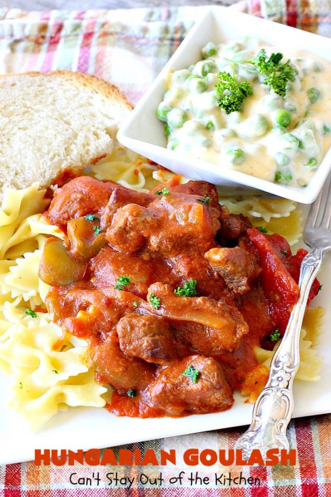 Hungarian Goulash | Can't Stay Out of the Kitchen | This old world favorite is a delicious #beefstew flavored with paprika & made with #tomatoes, bell peppers, onions & garlic. It's terrific served over #noodles or #pasta. #beef #stew #Hungarian #HungarianGoulash
