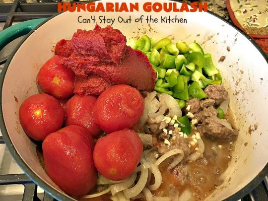 Hungarian Goulash | Can't Stay Out of the Kitchen | This old world favorite is a delicious #beefstew flavored with paprika & made with #tomatoes, bell peppers, onions & garlic. It's terrific served over #noodles or #pasta. #beef #stew #Hungarian #HungarianGoulash