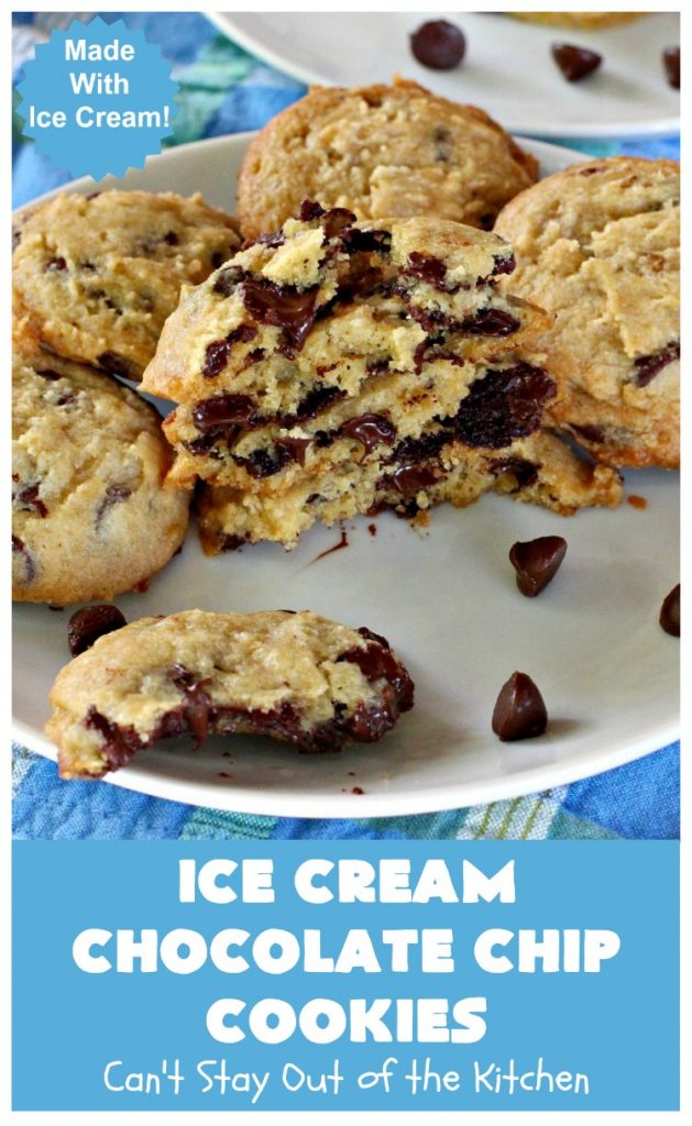 Ice Cream Chocolate Chip Cookies | Can't Stay Out of the Kitchen | No one will ever guess the secret ingredient in these spectacular #cookies is #IceCream! They're ooey, gooey, chocolaty & outrageously delicious. #tailgating #ChocolateChipCookies #chocolate #dessert #ChocolateDessert #IceCreamChocolateChipCookies