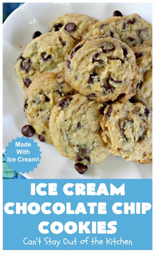 Ice Cream Chocolate Chip Cookies | Can't Stay Out of the Kitchen | No one will ever guess the secret ingredient in these spectacular #cookies is #IceCream! They're ooey, gooey, chocolaty & outrageously delicious. #tailgating #ChocolateChipCookies #chocolate #dessert #ChocolateDessert #IceCreamChocolateChipCookies