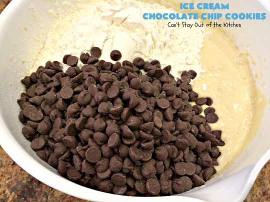 Ice Cream Chocolate Chip Cookies | Can't Stay Out of the Kitchen | No one will ever guess the secret ingredient in these spectacular #cookies is #IceCream! They're ooey, gooey, chocolaty & outrageously delicious. #tailgating #ChocolateChipCookies #chocolate #dessert #ChocolateDessert #IceCreamChocolateChipCookies