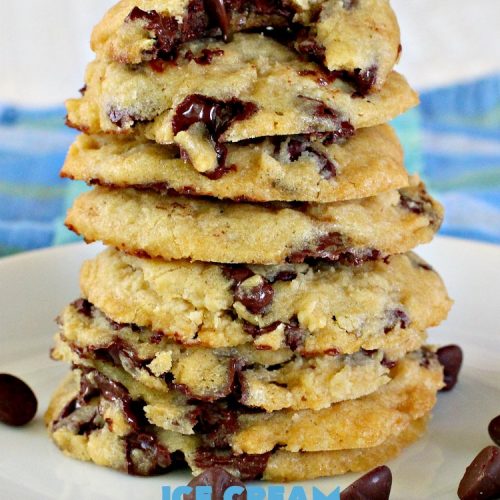 Ice Cream Chocolate Chip Cookies | Can't Stay Out of the Kitchen | No one will ever guess the secret ingredient in these spectacular #cookies is #IceCream! They're ooey, gooey, chocolaty & outrageously delicious. #tailgating #ChocolateChipCookies #chocolate #dessert #ChocolateDessert #IceCreamChocolateChipCookies