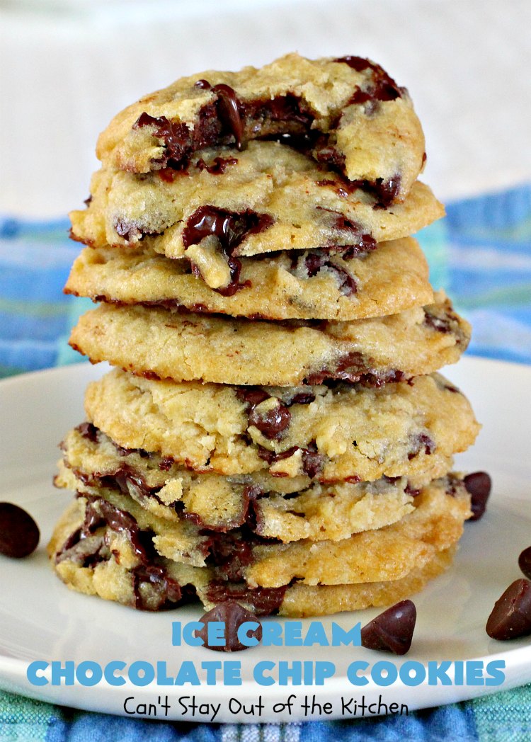 Ice Cream Chocolate Chip Cookies | Can't Stay Out of the Kitchen | No one will ever guess the secret ingredient in these spectacular #cookies is #IceCream! They're ooey, gooey, chocolaty & outrageously delicious. #tailgating #ChocolateChipCookies #chocolate #dessert #ChocolateDessert #IceCreamChocolateChipCookies