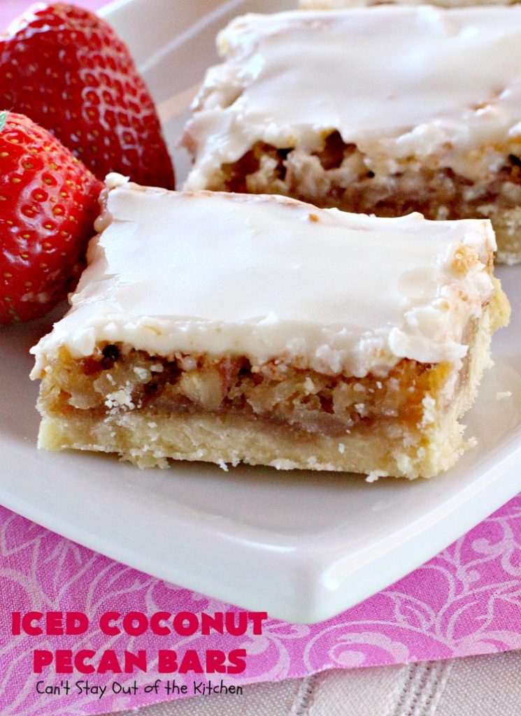 Iced Coconut Pecan Bars | Can't Stay Out of the Kitchen | this fabulous #cookie has a #coconut & #Pecan filling & a lovely citrus icing. Perfect for summer #holiday parties. #dessert