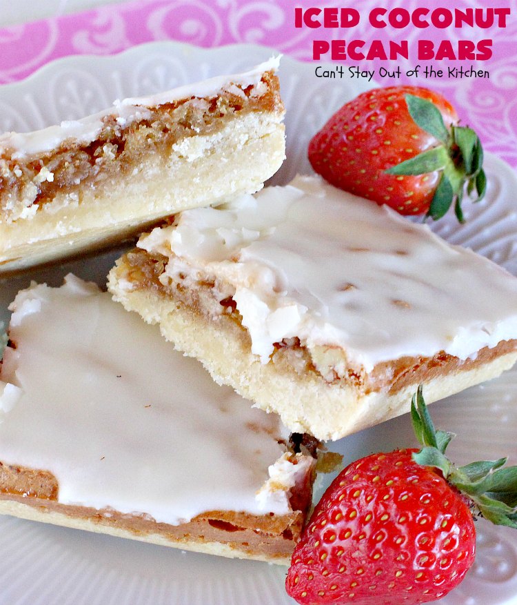 Iced Coconut Pecan Bars | Can't Stay Out of the Kitchen | this fabulous #cookie has a #coconut & #Pecan filling & a lovely citrus icing. Perfect for summer #holiday parties. #dessert