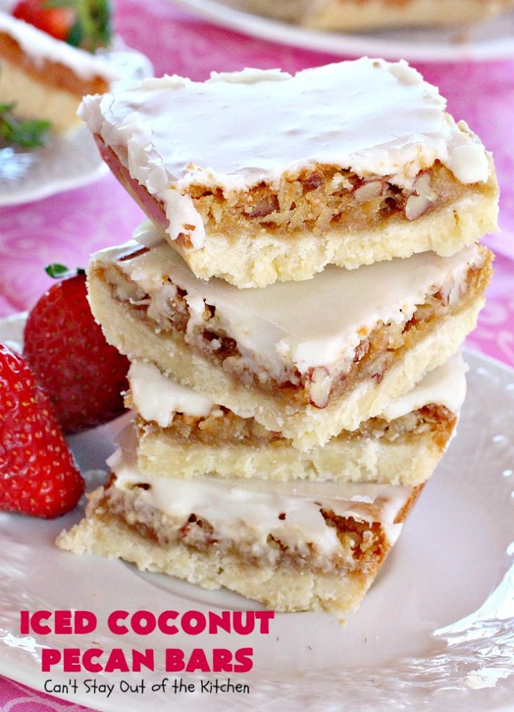 Iced Coconut Pecan Bars | Can't Stay Out of the Kitchen | this fabulous #cookie has a #coconut & #Pecan filling & a lovely citrus icing. Perfect for summer #holiday parties. #dessert