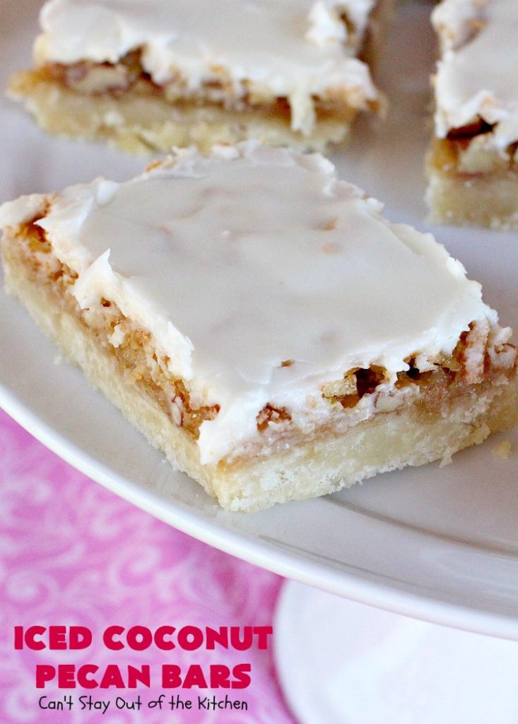 Iced Coconut Pecan Bars | Can't Stay Out of the Kitchen | this fabulous #cookie has a #coconut & #Pecan filling & a lovely citrus icing. Perfect for summer #holiday parties. #dessert