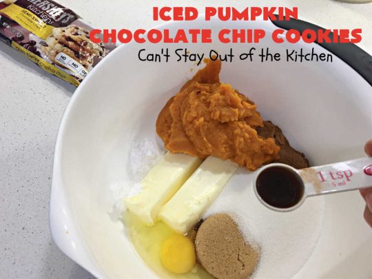 Iced Pumpkin Chocolate Chip Cookies | Can't Stay Out of the Kitchen | these spectacular #cookies have it all! #ChocolateChips, #pumpkin & icing. They're perfect for #holiday #baking & #Christmas parties or a #ChristmasCookieExchange. #dessert #PumpkinDessert #ChocolateDessert #chocolate #IcedPumpkinChocolateChipCookies