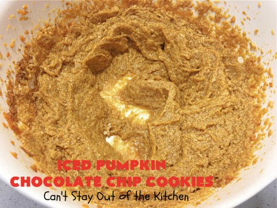 Iced Pumpkin Chocolate Chip Cookies | Can't Stay Out of the Kitchen | these spectacular #cookies have it all! #ChocolateChips, #pumpkin & icing. They're perfect for #holiday #baking & #Christmas parties or a #ChristmasCookieExchange. #dessert #PumpkinDessert #ChocolateDessert #chocolate #IcedPumpkinChocolateChipCookies