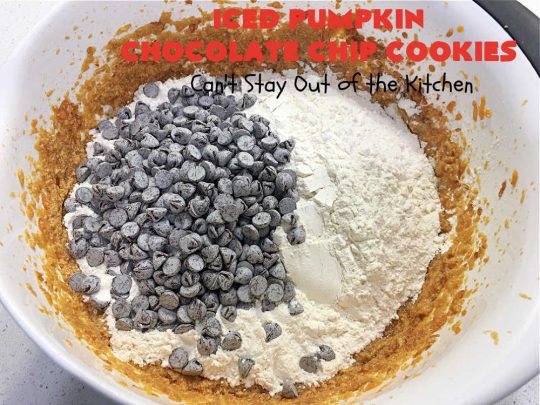 Iced Pumpkin Chocolate Chip Cookies | Can't Stay Out of the Kitchen | these spectacular #cookies have it all! #ChocolateChips, #pumpkin & icing. They're perfect for #holiday #baking & #Christmas parties or a #ChristmasCookieExchange. #dessert #PumpkinDessert #ChocolateDessert #chocolate #IcedPumpkinChocolateChipCookies