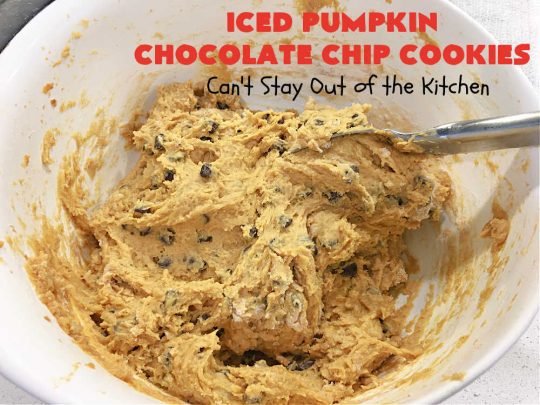 Iced Pumpkin Chocolate Chip Cookies | Can't Stay Out of the Kitchen | these spectacular #cookies have it all! #ChocolateChips, #pumpkin & icing. They're perfect for #holiday #baking & #Christmas parties or a #ChristmasCookieExchange. #dessert #PumpkinDessert #ChocolateDessert #chocolate #IcedPumpkinChocolateChipCookies