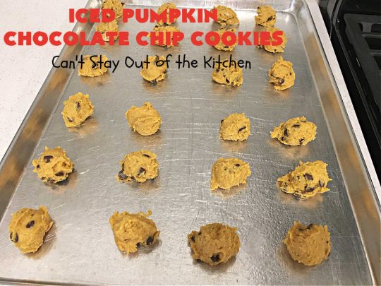 Iced Pumpkin Chocolate Chip Cookies | Can't Stay Out of the Kitchen | these spectacular #cookies have it all! #ChocolateChips, #pumpkin & icing. They're perfect for #holiday #baking & #Christmas parties or a #ChristmasCookieExchange. #dessert #PumpkinDessert #ChocolateDessert #chocolate #IcedPumpkinChocolateChipCookies