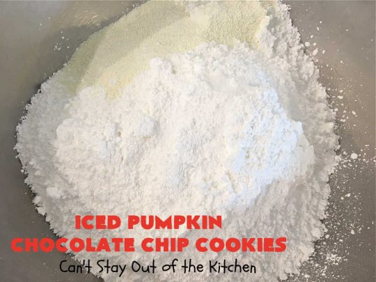 Iced Pumpkin Chocolate Chip Cookies | Can't Stay Out of the Kitchen | these spectacular #cookies have it all! #ChocolateChips, #pumpkin & icing. They're perfect for #holiday #baking & #Christmas parties or a #ChristmasCookieExchange. #dessert #PumpkinDessert #ChocolateDessert #chocolate #IcedPumpkinChocolateChipCookies