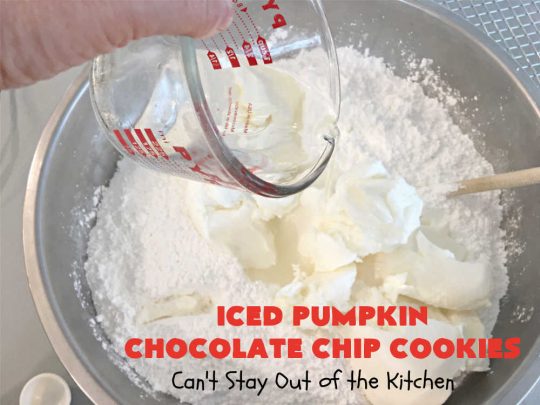 Iced Pumpkin Chocolate Chip Cookies | Can't Stay Out of the Kitchen | these spectacular #cookies have it all! #ChocolateChips, #pumpkin & icing. They're perfect for #holiday #baking & #Christmas parties or a #ChristmasCookieExchange. #dessert #PumpkinDessert #ChocolateDessert #chocolate #IcedPumpkinChocolateChipCookies