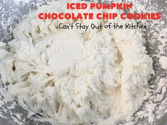 Iced Pumpkin Chocolate Chip Cookies | Can't Stay Out of the Kitchen | these spectacular #cookies have it all! #ChocolateChips, #pumpkin & icing. They're perfect for #holiday #baking & #Christmas parties or a #ChristmasCookieExchange. #dessert #PumpkinDessert #ChocolateDessert #chocolate #IcedPumpkinChocolateChipCookies